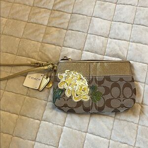 Coach Brown and Gold Wristlet with Yellow Floral Accents